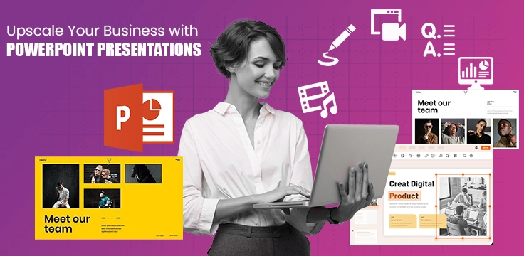 Boost Business Growth With Expert PowerPoint Presentations Woman using laptop to create business PowerPoint presentations with modern design templates shown
