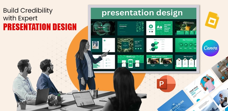 Expert Presentation Design Services to Build Credibility Professionals viewing expert presentation design on screen with tools like Canva and PowerPoint