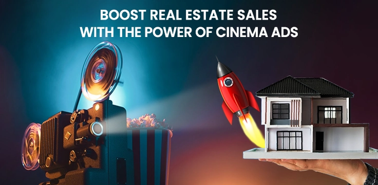 Boost Real Estate Sales with the Power of Cinema Ads A film projector, popcorn, and a house with a rocket, symbolizing cinema ads boosting real estate.