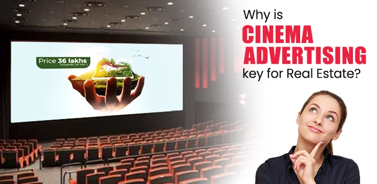Why Cinema Advertising is Key for Real Estate Success A cinema screen displays a real estate ad as a woman ponders the impact of cinema advertising