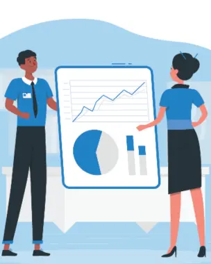 Promotional Marketing Experts For Business in Coimbatore Two experts in promotional marketing converse about the growth utilizing a bar graph and pie chart.