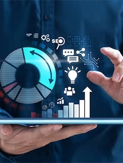 A man holds a tablet displaying a business graph and business icons, representing Digital Service.