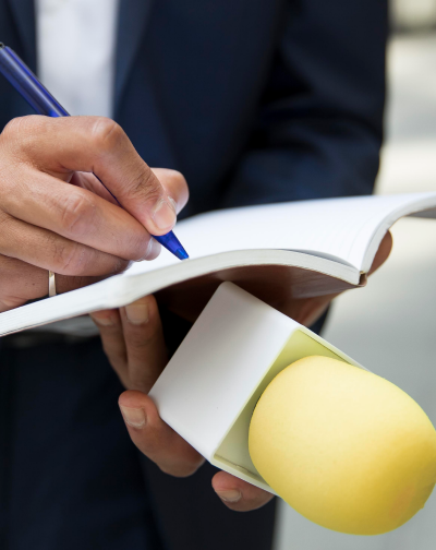 Best Press Release Service Agency in Singanallur, Coimbatore In a notebook, a man in a suit writes with a yellow ball pen, composing an exceptional for services.