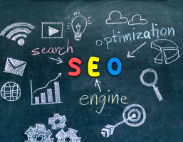 Letters SEO are written on a board with wifi, mail, search, and settings symbols for SEO services.