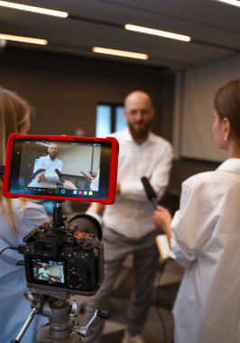 Top Creation Studio For providing Video Images in Coimbatore While wearing a research suit and holding a camera, an individual records footage for a production.