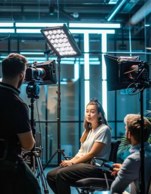 Best Promotional Video Production Service Company in Coimbatore A man standing behind a woman seated in front of a camera, both of them facing the camera.