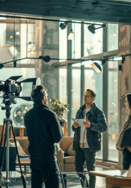Best Video Production Business Services Company in Coimbatore A man and two individuals standing next to him in a shot, all of them facing the camera